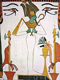 Osiris debout entouré par deux nébrides. Tombe de Sennedjem, XIXe dynastie.