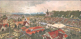 Aquarelle montrant une vue aérienne du site de l'Oktoberfest en 1930, avec la Bavaria en arrière plan et une grande tribune avec des drapeaux de la ville de Munich et de la Bavière la surplombant, sous un ciel nuageux
