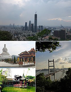From top left:Dongguan Central Square (CBD) , Huanghe Commercial Tower, West Gate Tower, Opium War Monument, Yulan Grand Theatre, World Trade Center & Songshan Lake Hi-tech zone.