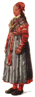 Folkdräkt, Delsbo socken, kvinna, Nordisk familjebok.