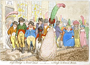 In High-Change in Bond Street,—ou—la Politesse du Grande Monde (1796), James Gillray caricatured the lack of etiquette in a group of men leering at women and crowding them off a sidewalk.
