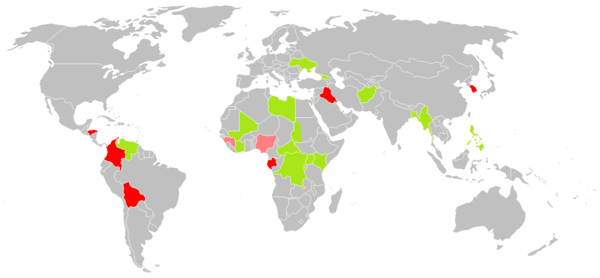 Map of countries in which the ICC is currently investigating situations.