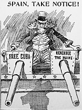 Cartoon of belligerent Uncle Sam placing Spain on notice, c. 1898 Independence Seaport Museum 226.JPG