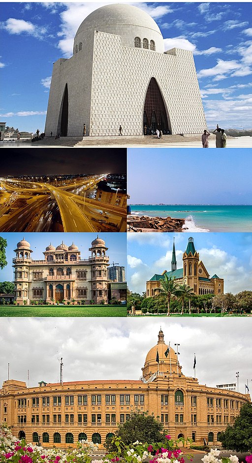 Clockwise from top: Mazar-e-Quaid, Hawke's Bay Beach, Frere Hall, Karachi Port Trust Building, Mohatta Palace, Port of Karachi
