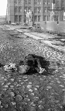 The body of a young boy on Suvantokatu near the intersection of Aleksanterinkatu after battle. Kuollut poika kadulla Tampereen taistelun jalkeen (26936607506).jpg