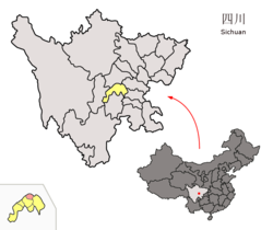 Location of Pengshan (red) within Meishan City (yellow) and Sichuan