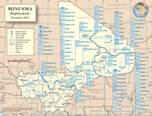 Mapa perspectivo da distribuição de tropas da MINUSMA por país no território do Mali em dezembro de 2018