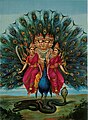 Image 7 Murugan Painting: Raja Ravi Varma Murugan, also known as Kartikeya, is the Hindu war god, worshiped particularly by Tamil Hindus. Murugan has a peacock as a mount and is often depicted with six heads and twelve arms holding a variety of weapons. His consorts, pictured here, are Valli and Deivayanai. More selected pictures