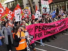 Public sector trade union workers marching in Aldwych in November 2011 Pensions strike Aldwych.jpg