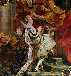 Papacy and monarchy: Catholic Marie de' Medici assumes the traditional pose of a vassal in homage at her coronation following Henry IV's assassination, as painted by Peter Paul Rubens. Peter Paul Rubens 050.jpg