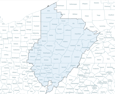 Border of Pittsburgh Megaregion showing included counties Pittsburgh Megaregion Boundaries (Nelson and Rae).svg