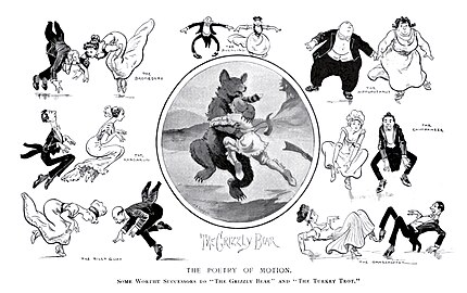 Plusieurs dessins à l'encre noire de danses animalières entourant un dessin dans une vignette centrale aux limites circulaires.