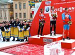 Prisutdelning med de tre främsta i slutställningen av sprintcupen 2012-13: Petter Northug, Emil Jönsson och Nikita Krjukov.