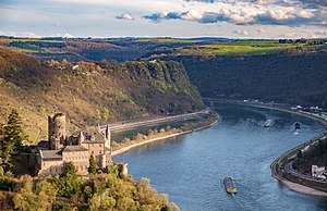 St. Goarshausen, castle Katz with Loreley rock in the Rhineland-Palatinate