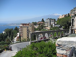 Mount Etna seen from the town of Taormina.