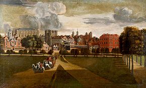 The old Palace of Whitehall, showing the Banqueting House to the left The Old Palace of Whitehall by Hendrik Danckerts.jpg