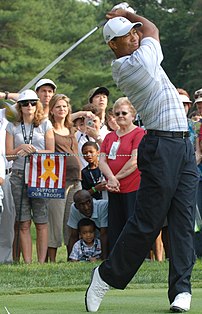 Tiger Woods, champion golfer, drives the ball ...