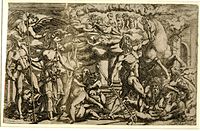 Contest of Athena and Poseidon,[32] c.1542/43 Etching after Rosso Fiorentino's design, probably for the Gallery of François, perhaps in stucco rather than paint, and no longer surviving, if it was ever executed.[33]