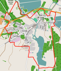 Mapa konturowa Trzciela, u góry nieco na prawo znajduje się punkt z opisem „Kościół św. Wojciecha w Trzcielu”