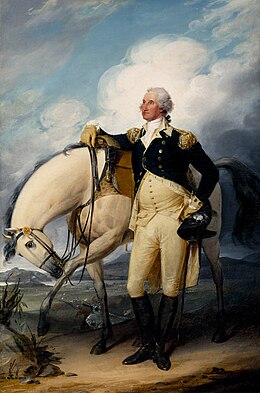 Американский генерал Джордж Вашингтон стоит перед белым конем на фоне реки Север или Гудзон.