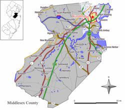 Карта CDP Вудбриджа выделена в округе Мидлсекс. Врезка: расположение округа Мидлсекс в Нью-Джерси.