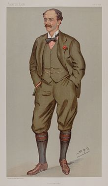 Colored drawing of a 19th-century man in knickers, waistcoat, jacket, knee socks and a tie, with a small red flower in his button hole and his hands in his pockets, facing 3/4 to his right
