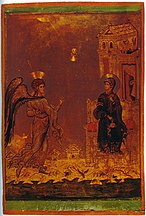 მარიამის ხარება გაბრიელ მთავარანგელოზისგან, გვიანი კომნენური პერიოდის ხატი, XII საუკუნე.