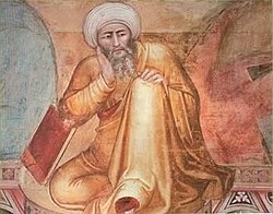 Detalle del fresco de Andrea Bonaiuto El Triunfo de Santo Tomás, con la imagen sentada en reposo y pensativa de Averroes, apoyado posiblemente en algún libro de Aristóteles