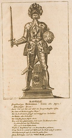 Původní podoba sochy Herkommana na rytině Bartoloměje Strahowského z roku 1722, doplněná posměšným textem