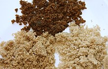 Brown sugar examples: Muscovado (top), dark brown (left), light brown (right). Brown sugar examples.JPG