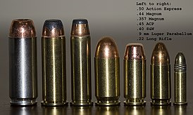 Пистолетные и револьверные патроны (патрон .50 AE — крайний слева)