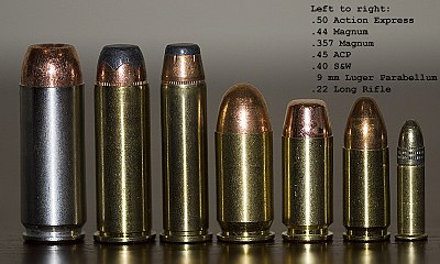 左至右: .50 Action Express, .44 麥格南, .357 麥格南, .45 ACP, .40 S&W, 9毫米魯格彈, .22 LR.