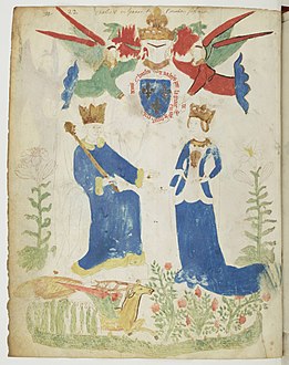« Registre d'armes » ou Armorial d'Auvergne, dédié par le hérault Guillaume Revel au roi Charles VII.