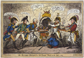 Satirische Zeichnung: Napoleon wird von Blücher und Woronzeff in den „Backofen der Verbündeten“ geschoben.