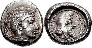 Dynast of Lycia, Kherei, with Athena on the obverse, and himself wearing the Persian cap on the reverse. c. 440/30-410 BC. DYNASTS of LYCIA. Kherei. Circa 440-30-410 BC.jpg