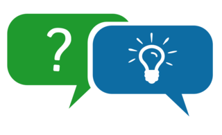 The image shows speech bubbles, one with a question mark icon, the other with a lightbulb icon