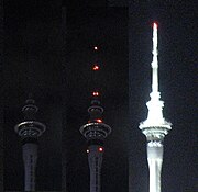 The Sky Tower in Auckland, New Zealand, switched off its usual floodlighting during the Earth Hour, and re-lit afterwards.