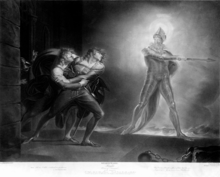 "Hamlet and his father's ghost" by Henry Fuseli (1796 drawing). The ghost is wearing stylized plate armor in 17th-century style, including a morion type helmet and tassets. Depicting ghosts as wearing armor, to suggest a sense of antiquity, was common in Elizabethan theater. File-Hamlet, Prince of Denmark Act I Scene IV.png
