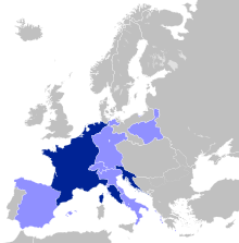 Карта Европы 1812 года. Французская империя больше, чем современная Франция, поскольку включает в себя части современных Нидерландов, Италии и ряда других стран