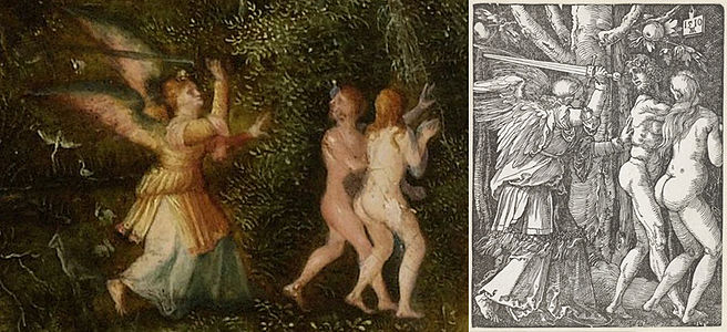 F. Henri Bles, Paradis (détail) et Albrecht Durer, Expulsion du Paradis, 1510, xylographie.[14]