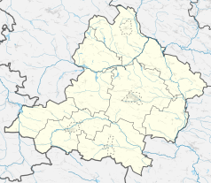 Mapa konturowa powiatu jędrzejowskiego, na dole nieco na lewo znajduje się punkt z opisem „Klimontów”