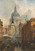 Óleo de John O'Connor, Evening on Ludgate Hill (1887) St. Paul's looms beyond St Martin's.