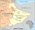 Mapa da Etiópia (em alemão) com a região da Somália, Ogaden e Haud – as províncias anteriores a 1995 em cinza, as regiões contemporâneas em vermelho.