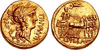 Gold coin minted by Sulla, with an image of Pallas or Roma on the obverse and Sulla in a chariot on the reverse.