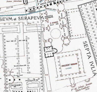 Santissima Annunziata (här benämnd ANNVNZIATA) på Rodolfo Lancianis karta över Rom från år 1893–1901.