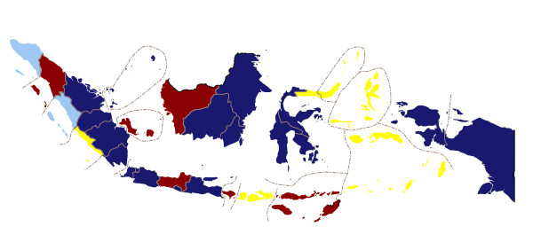 Results of the first round: the candidate with the majority of votes in each of the 32 provinces of Indonesia.
Susilo Bambang Yudhoyono: dark blue; Megawati Sukarnoputri: red; Wiranto: yellow; Amien Rais: light blue. Map of 2004 Indonesian Presidential Election (1st Round) - Provinces.svg