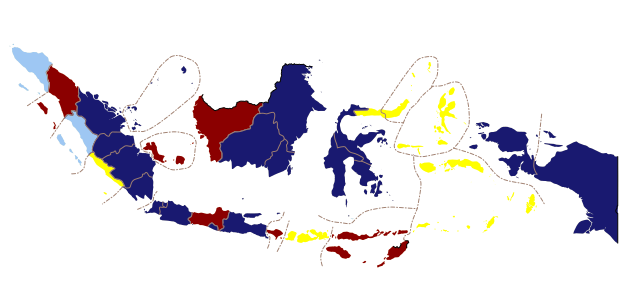 Dark blue denotes those won by Yudhoyono/Kalla, red denotes provinces won by Megawati/Hasyim, yellow denotes provinces won by Wiranto/Wahid,light blue denotes provinces won by Rais/Siswono.