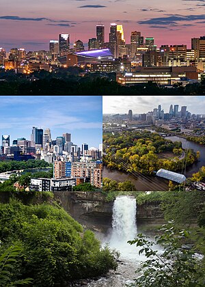 Clockwise from top left: Downtown Minneapolis at night, the Mississippi River, Minnehaha Falls, and the skyline from the East Bank.