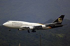 UPS Boeing 747-400BCF landing at Hong Kong International Airport in 2014 N578UP - United Parcel Service (UPS) - Boeing 747-45E(BCF) - HKG (13219958434).jpg