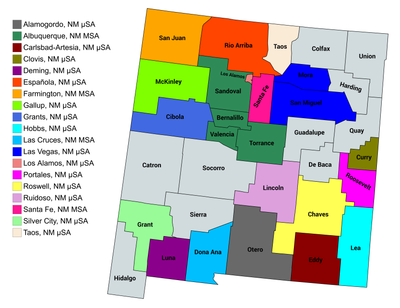 Map of the 19 core-based statistical areas in New Mexico.